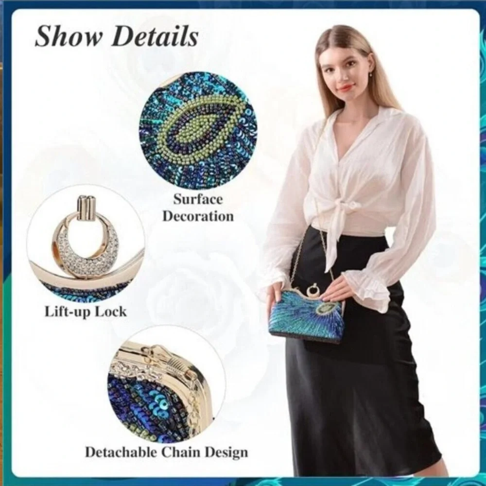 Beaded Bag Sequin Peacock Evening Clutch Purse for Women Formal Evening Blue